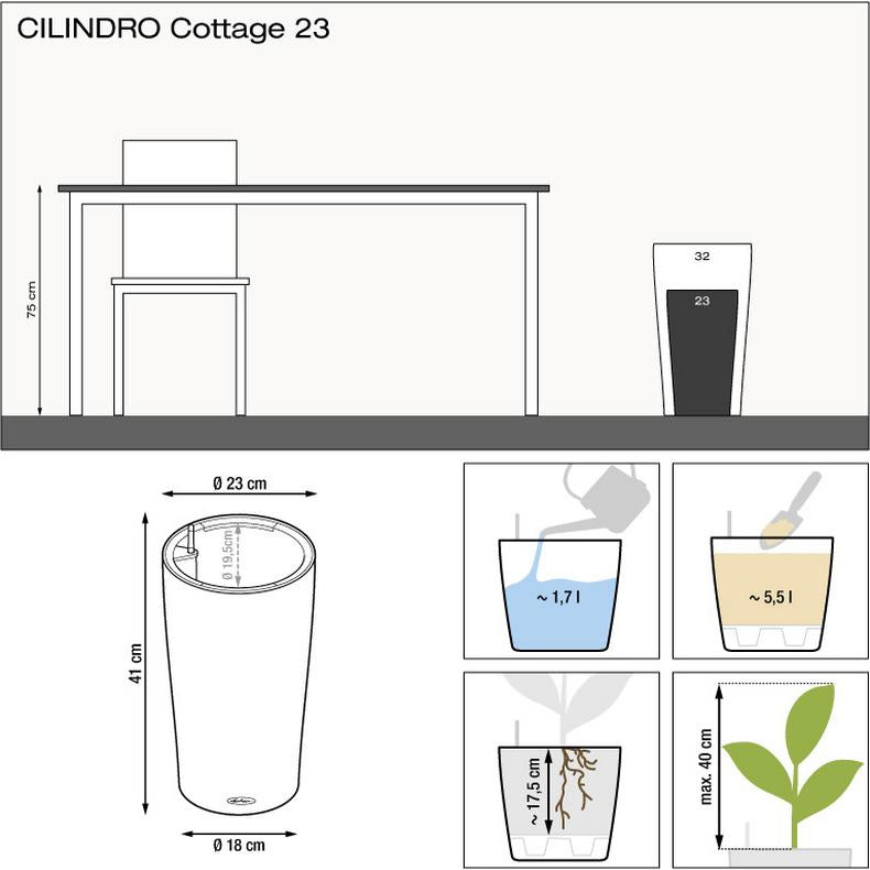 LECHUZA CILINDRO Cottage 23 Pflanzkübel – Ø 23 × 41 cm – Kunststoff, grau