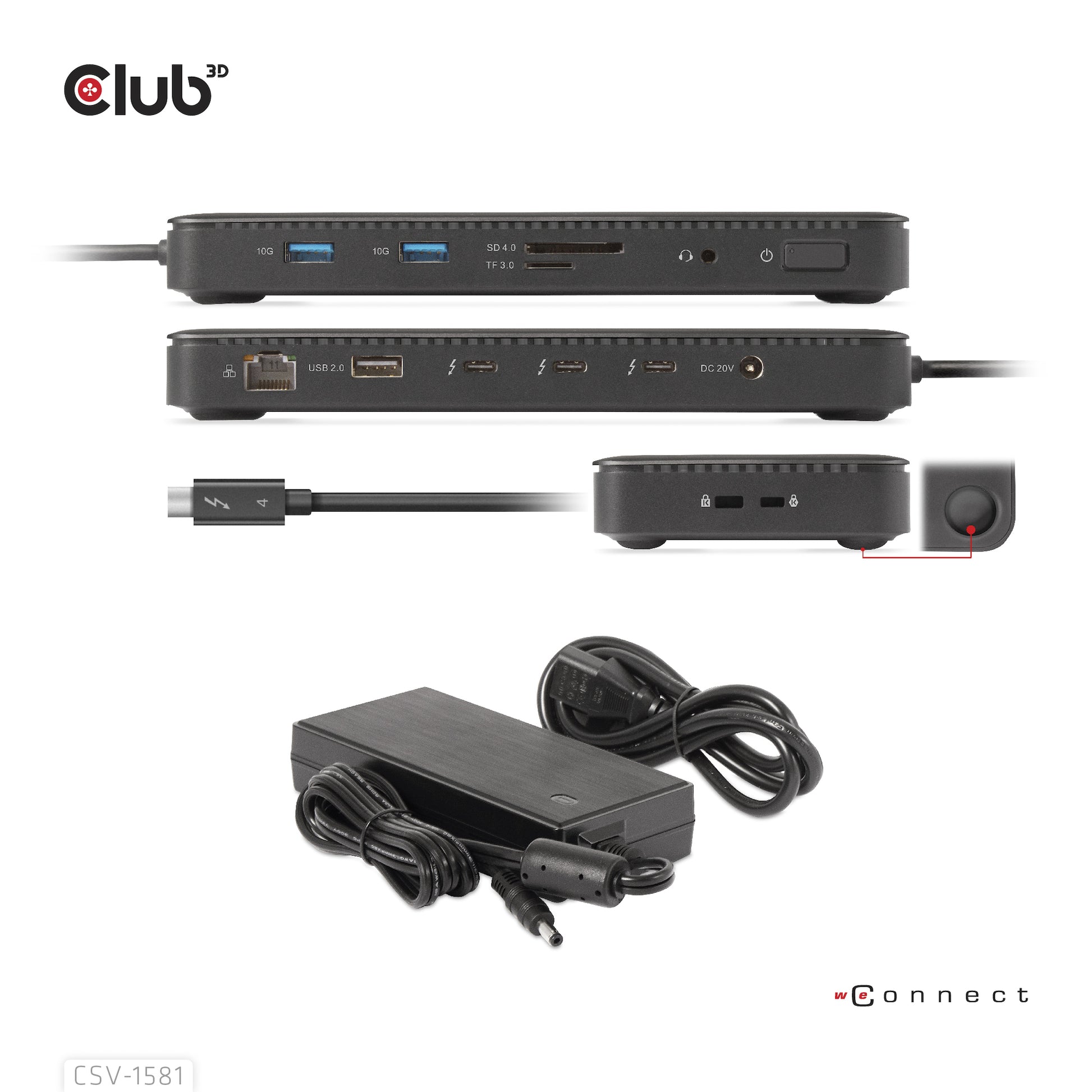 CLUB3D Club 3D TB4 11in1 Dockingstation – Thunderbolt 4, 3× USB-A, 140 W PD, GbE, SD/microSD, 3,5 mm Audio, TB4 × 3