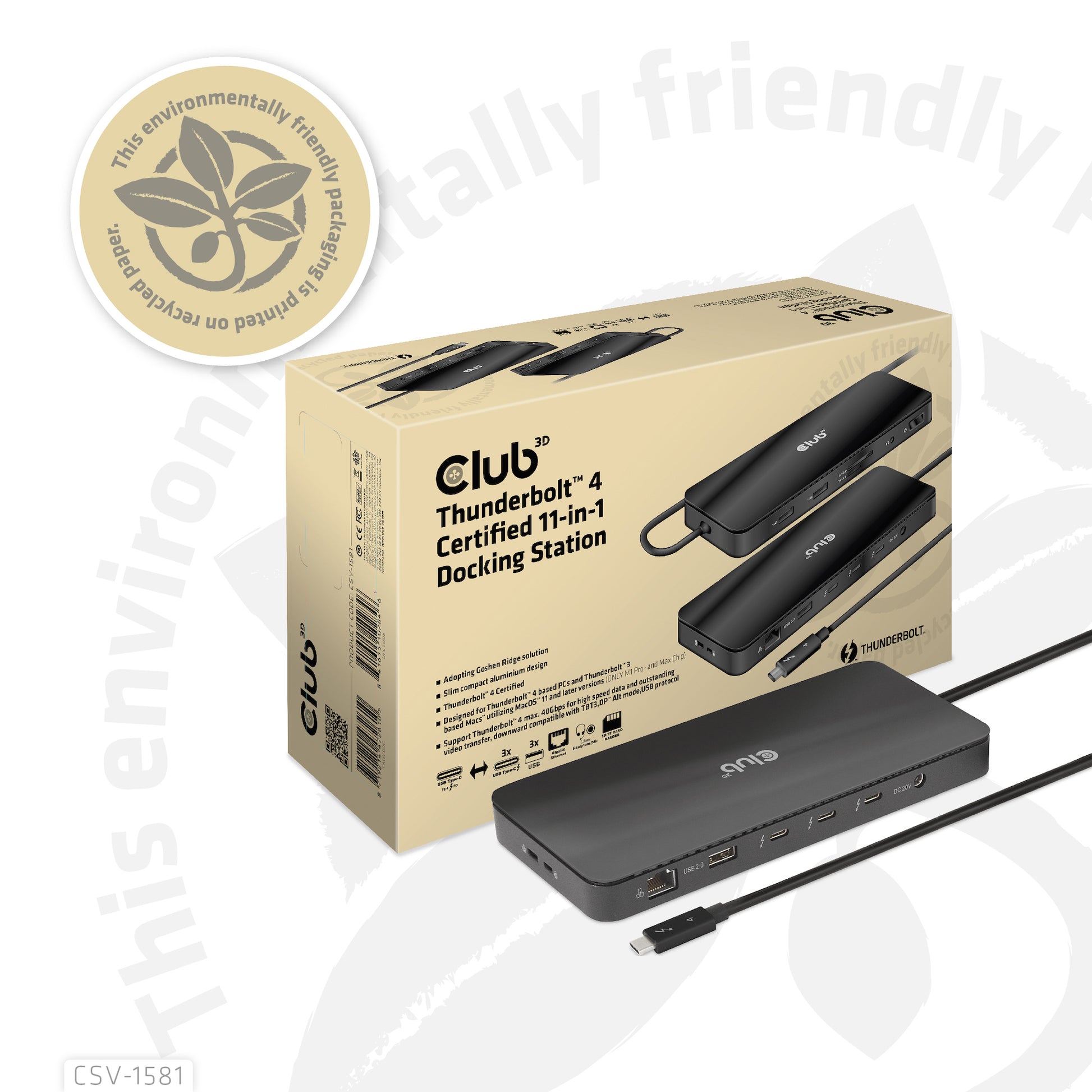 CLUB3D Club 3D TB4 11in1 Dockingstation – Thunderbolt 4, 3× USB-A, 140 W PD, GbE, SD/microSD, 3,5 mm Audio, TB4 × 3