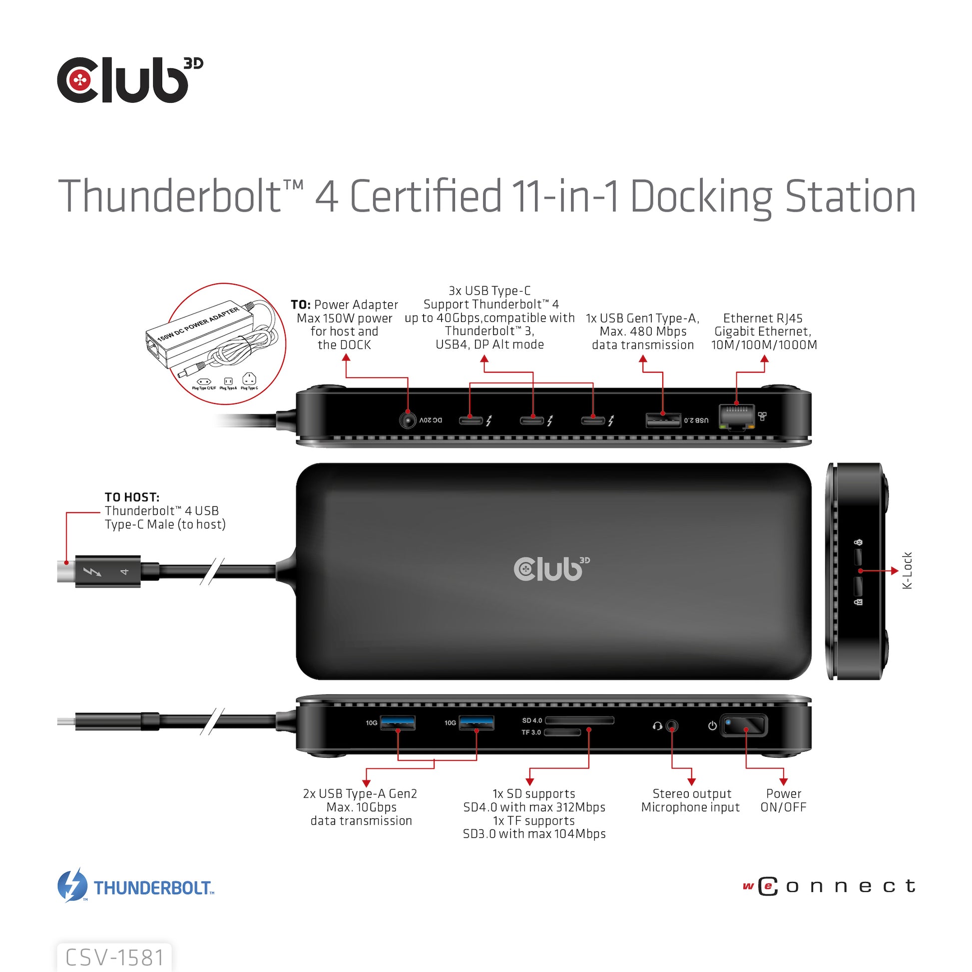 CLUB3D Club 3D TB4 11in1 Dockingstation – Thunderbolt 4, 3× USB-A, 140 W PD, GbE, SD/microSD, 3,5 mm Audio, TB4 × 3