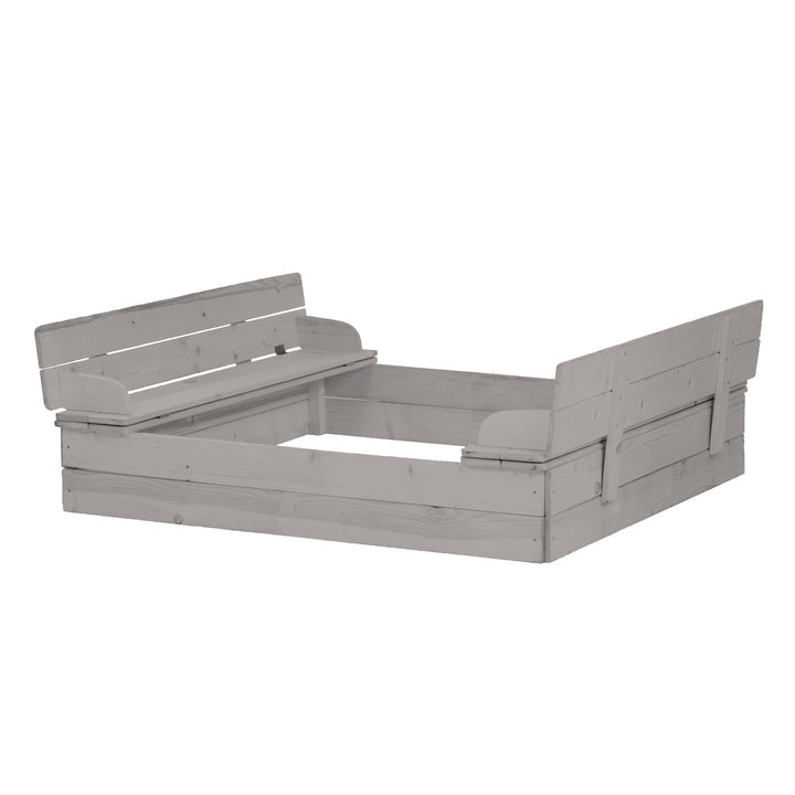 roba Quadratischer Sandkasten – 127 × 21,5 × 123,5 cm – mit 2 integrierten Bänken, ab 1 Jahr – Holz, grau