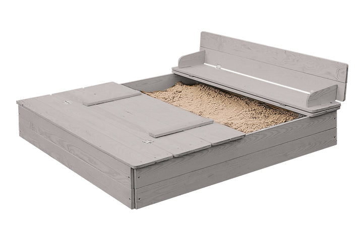 roba Quadratischer Sandkasten – 127 × 21,5 × 123,5 cm – mit 2 integrierten Bänken, ab 1 Jahr – Holz, grau