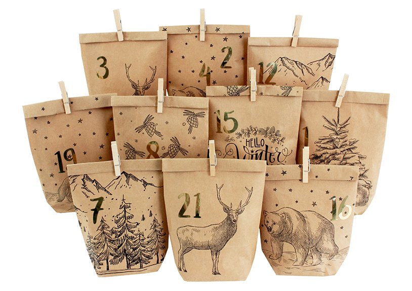 G. Wurm Adventskalender-Geschenktüten-Set 'Waldtiere' – 24 × 2 × 21 cm, Papier, Braun, hängend, mit Klammern