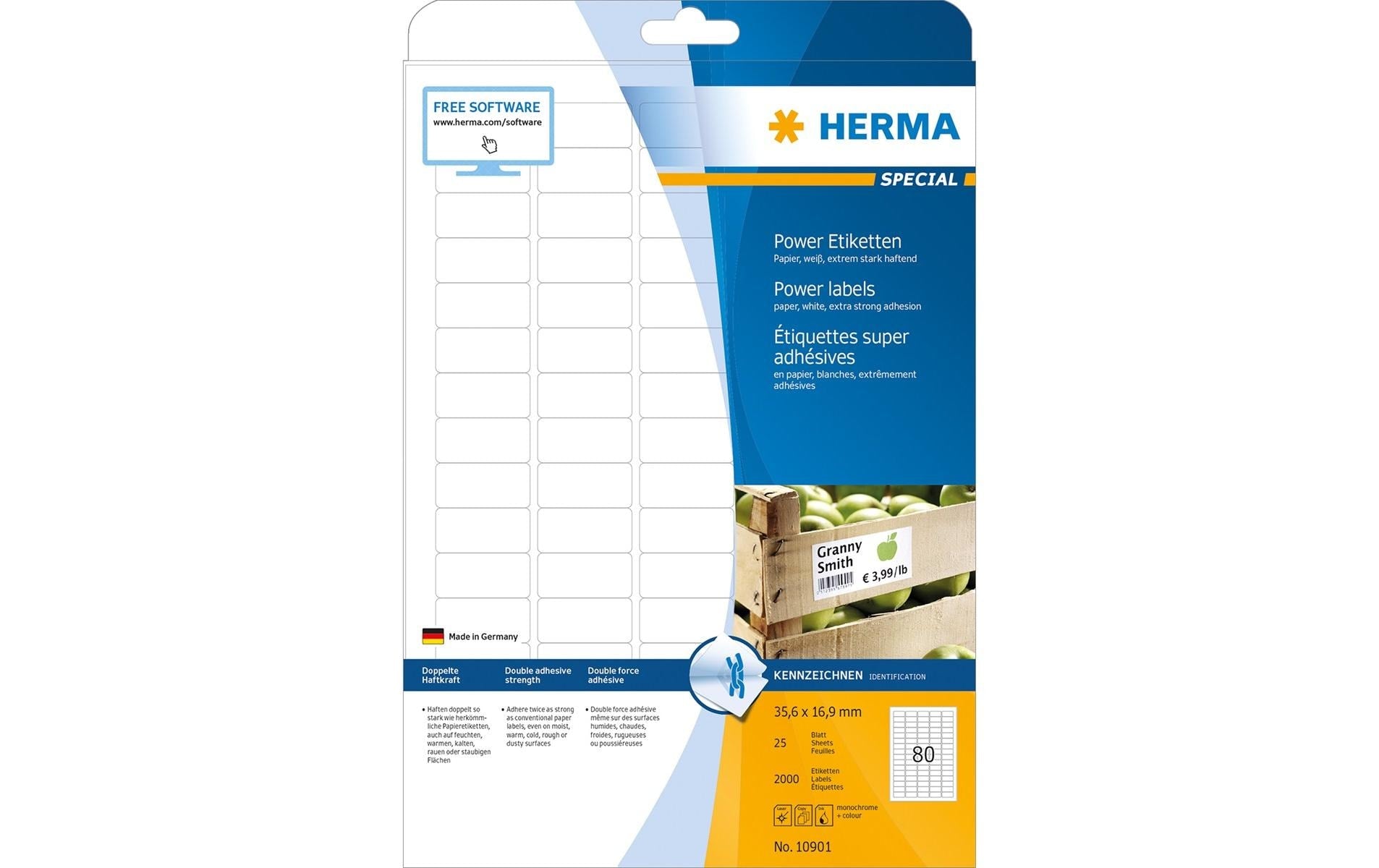 HERMA Druckeretiketten, 36 mm × 17 mm, weiss, Papier, extra stark, 25 Blatt