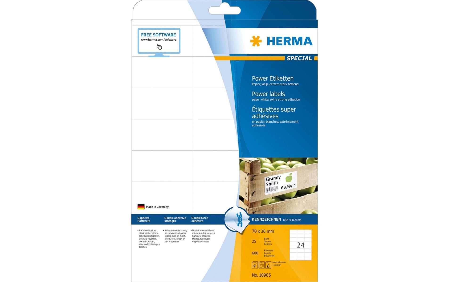 HERMA Druckeretiketten, 70 mm × 36 mm, weiss, Papier, extra stark, 25 Blätter (600 Etiketten)
