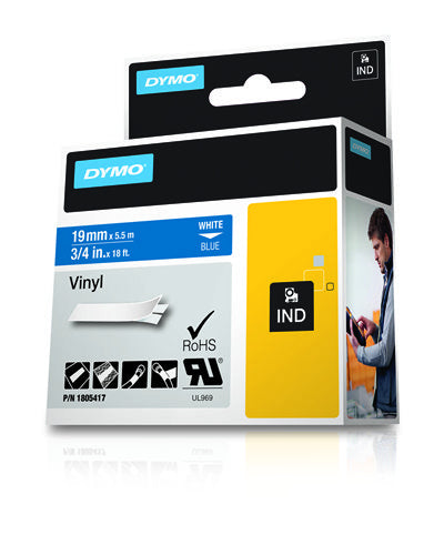 DYMO Schriftband – 19 mm × 5,5 m, blau, weiss – für DYMO Rhino: 3000, 4200, 5000, und andere