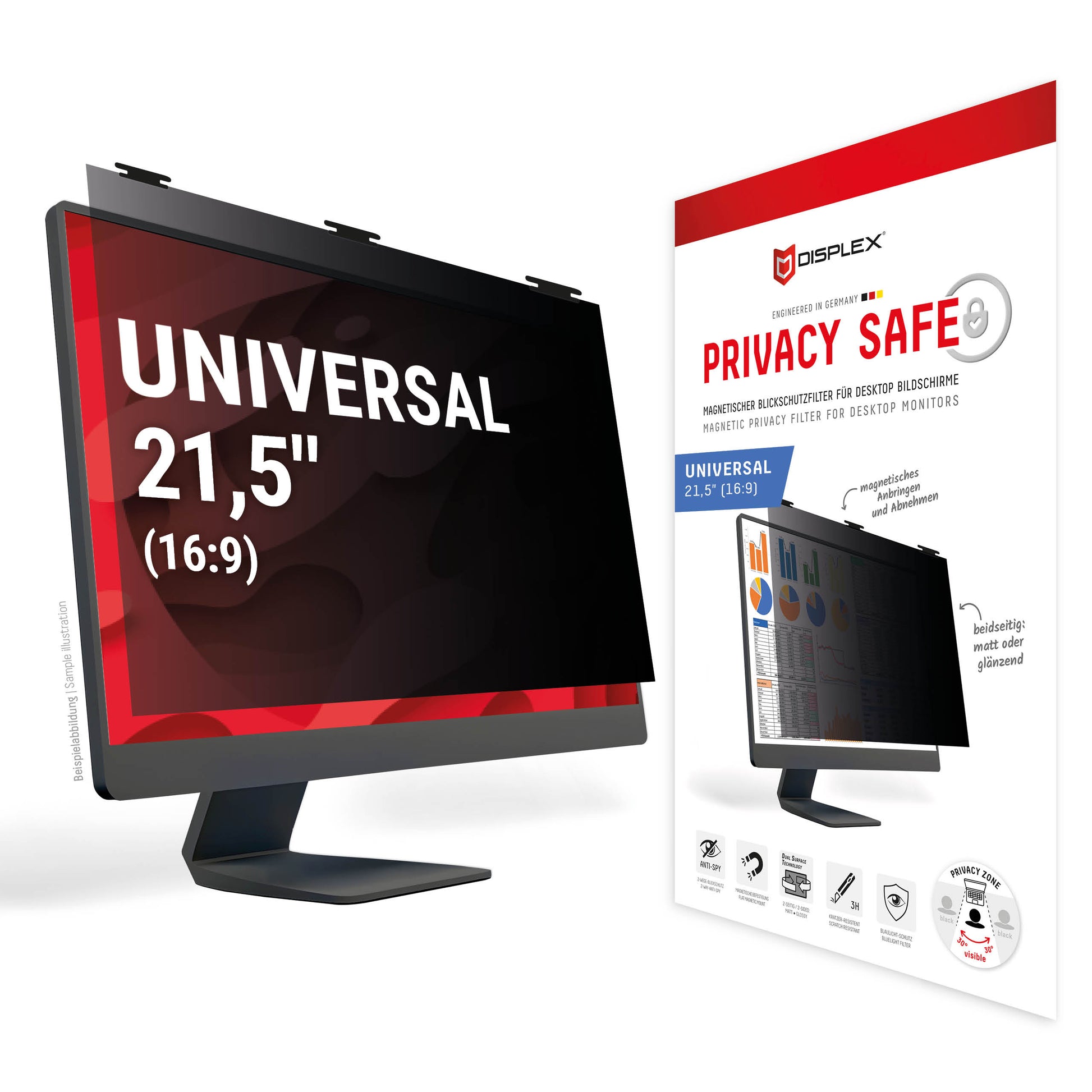 Displex Magnetischer Blickschutzfilter für Monitor 21,5", 16:9 – 485 × 274 mm, 2-Wege
