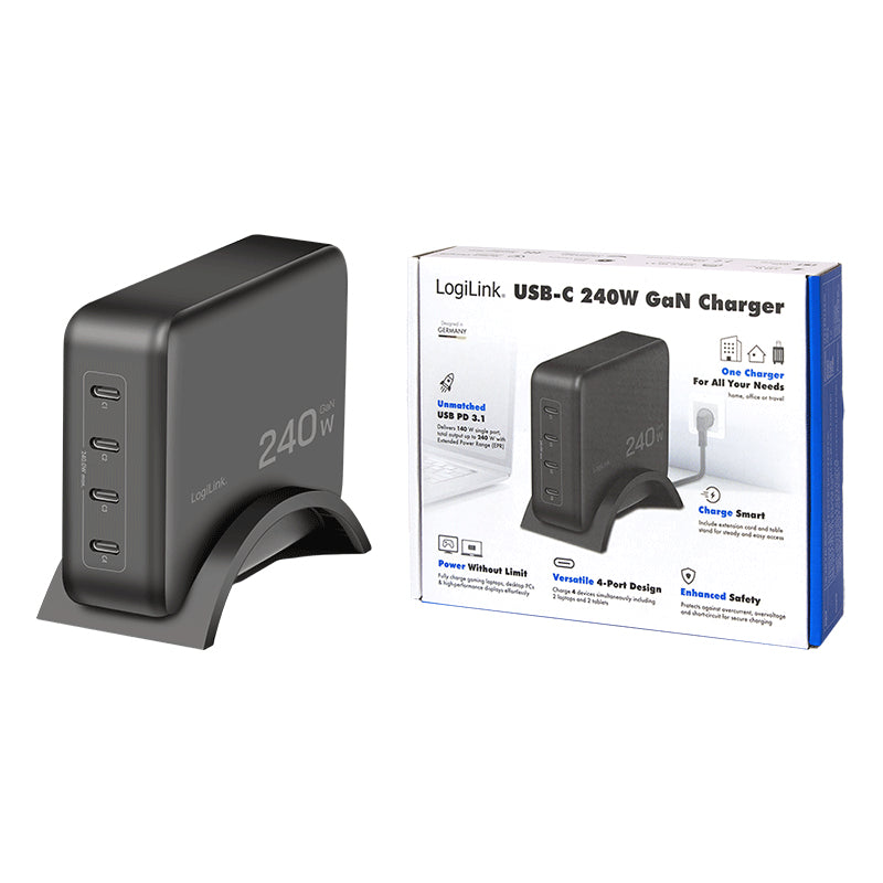 LogiLink PA0353 USB-Desktop-Ladegerät 240 W – USB-C×4 – PD 3.1, PPS, GaN
