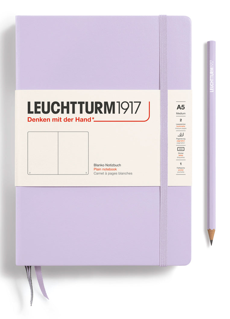 Leuchtturm Notizbuch – A5 – blanko – 251 Seiten – 80 g/m² – Hardcover, Gummiband, Einstecktasche – lila – FSC