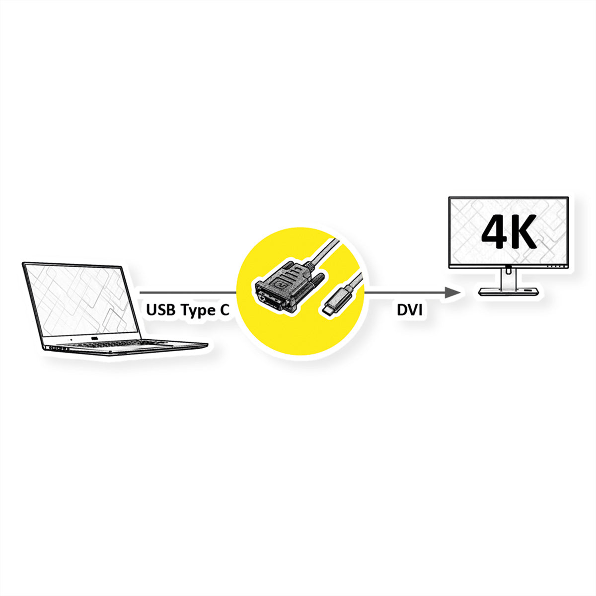 ROLINE USB-C auf DVI Adapter 4K 60 Hz – 2 m – verriegelbar – für Geräte mit USB-C-Port