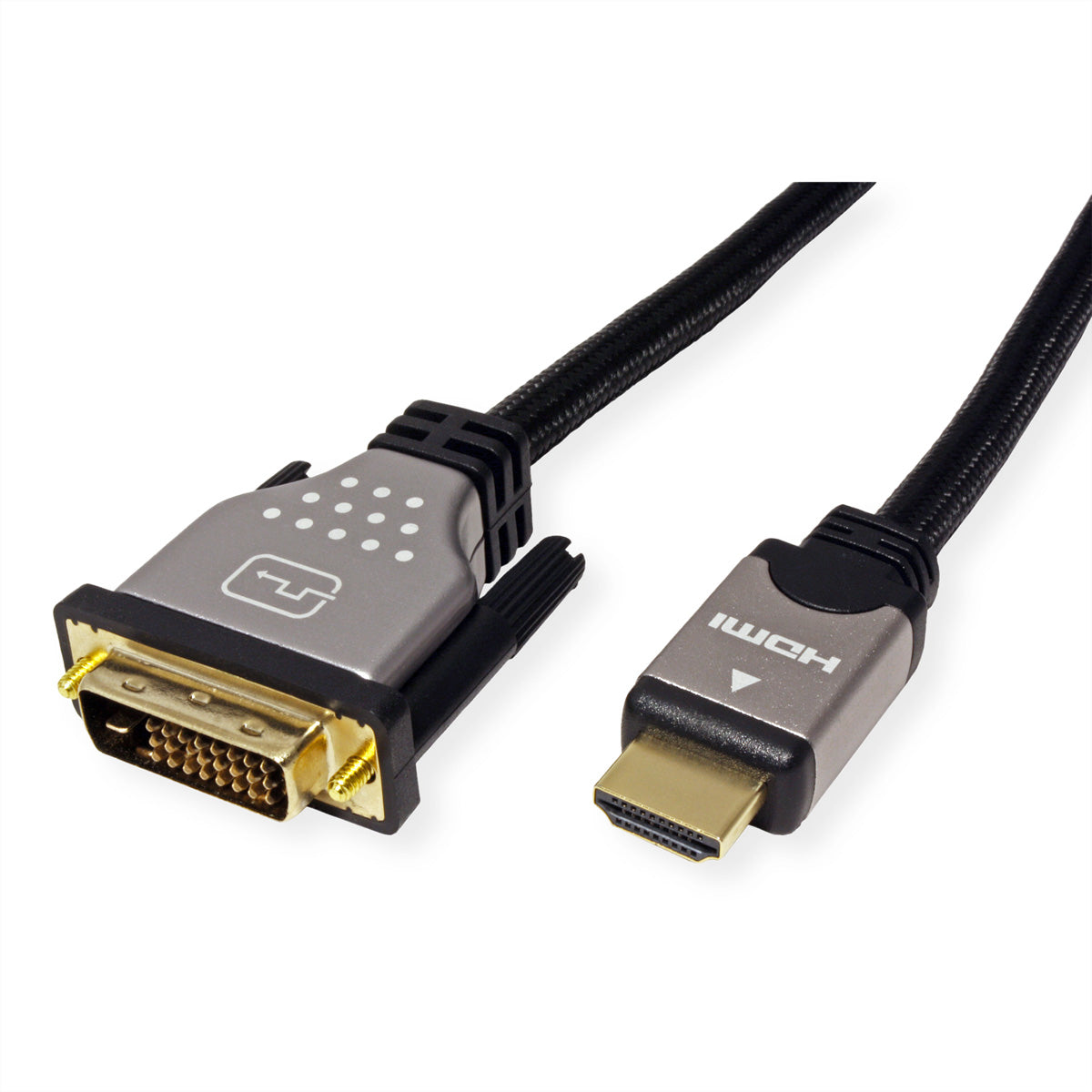 ROLINE DVI-D auf HDMI Kabel 4K 30 Hz – 5 m – geflochten – Schwarz/Silber – für Monitor, TV, Beamer