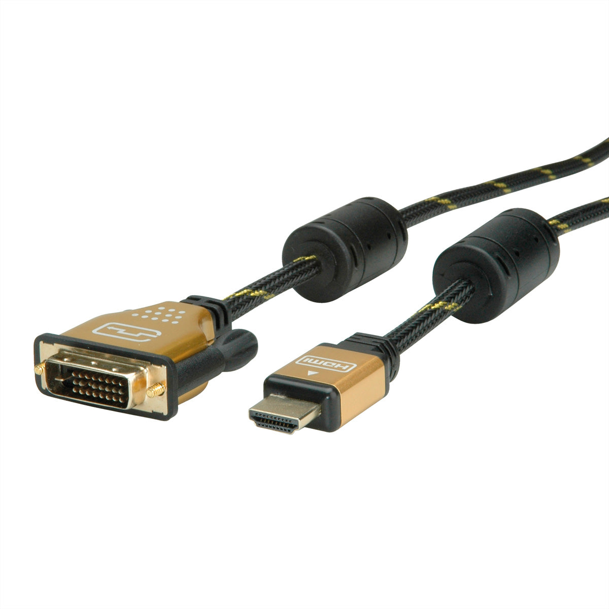 ROLINE DVI-D auf HDMI Kabel 4K 30 Hz – 10 m – geflochten – Schwarz/Gold – für Monitor, TV, Beamer