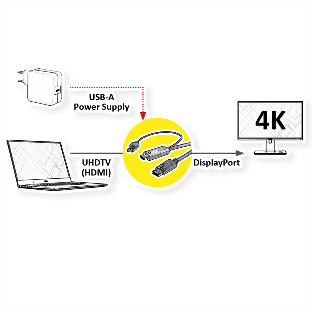 ROLINE HDMI auf DisplayPort Kabel DP 1.2 4K 60 Hz – 1 m – für Geräte mit HDMI-Port