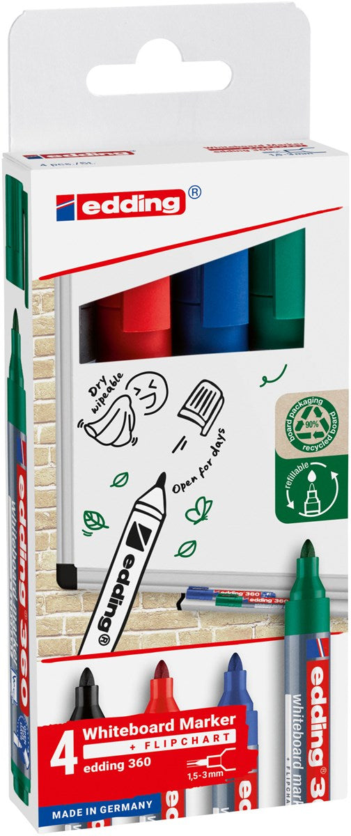 Edding Whiteboard-Marker – 4 Farben, 4 Stück, trocken abwischbar, nachfüllbar – für Whiteboards