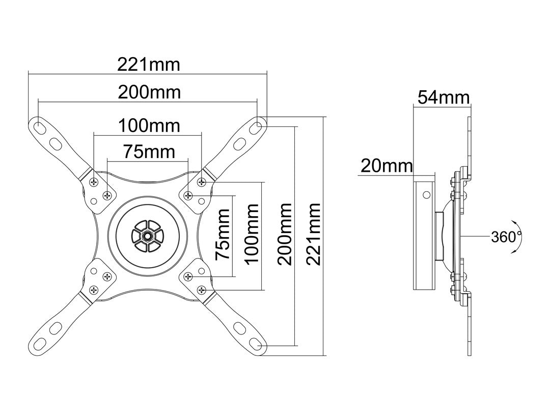 Multibrackets 3497 – Wandhalterung, drehbar, für 15″, VESA 100×100, bis 15 kg, schwarz