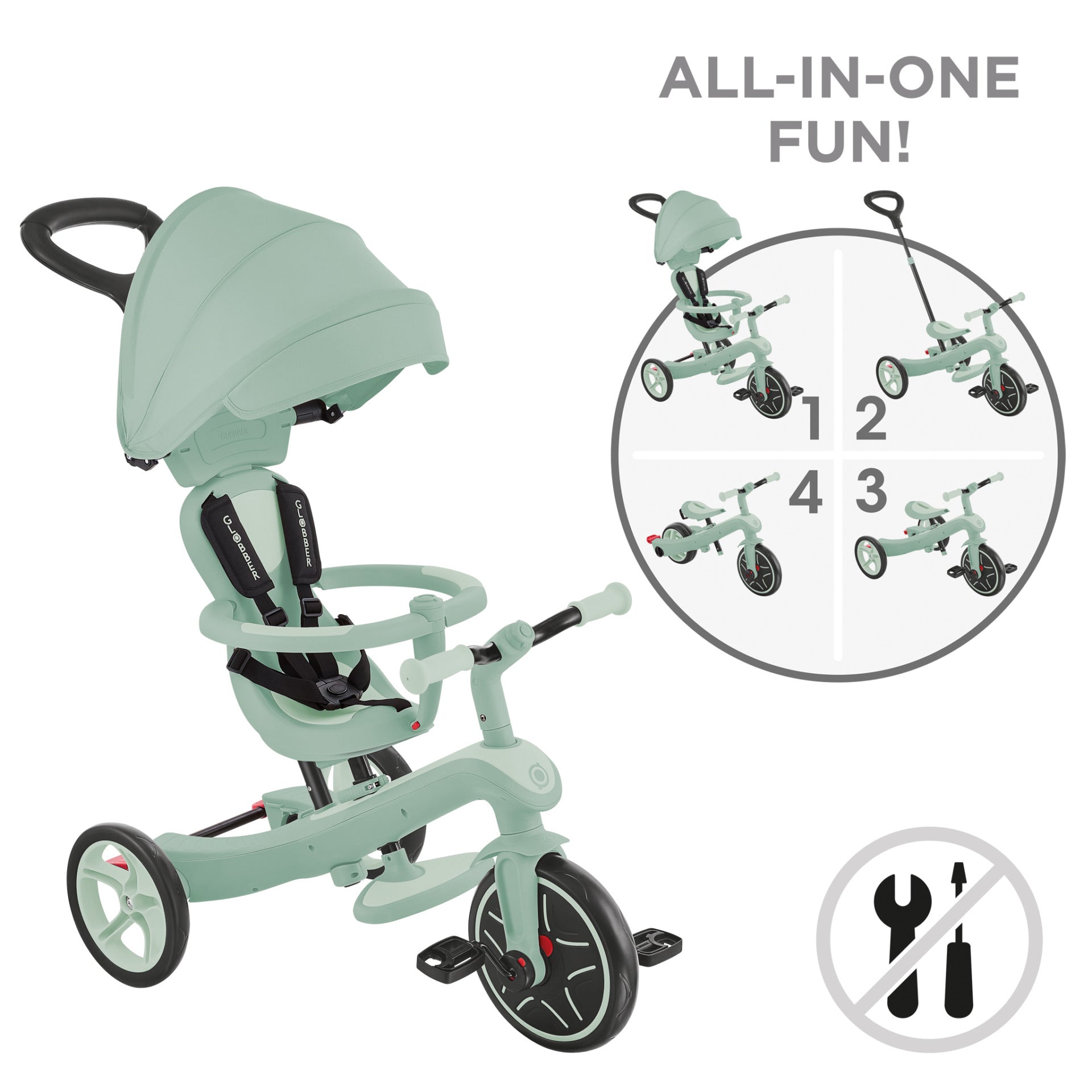 Globber Explorer 4-in-1 Dreirad – Schiebestange, verstellbarer Sitz – Ø 25,4 cm – ab 10 M. – Pistazie