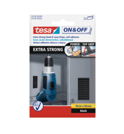 TESA Klettstreifen on&off – extra stark, 50 mm × 0,1 m, schwarz, 2 Stück