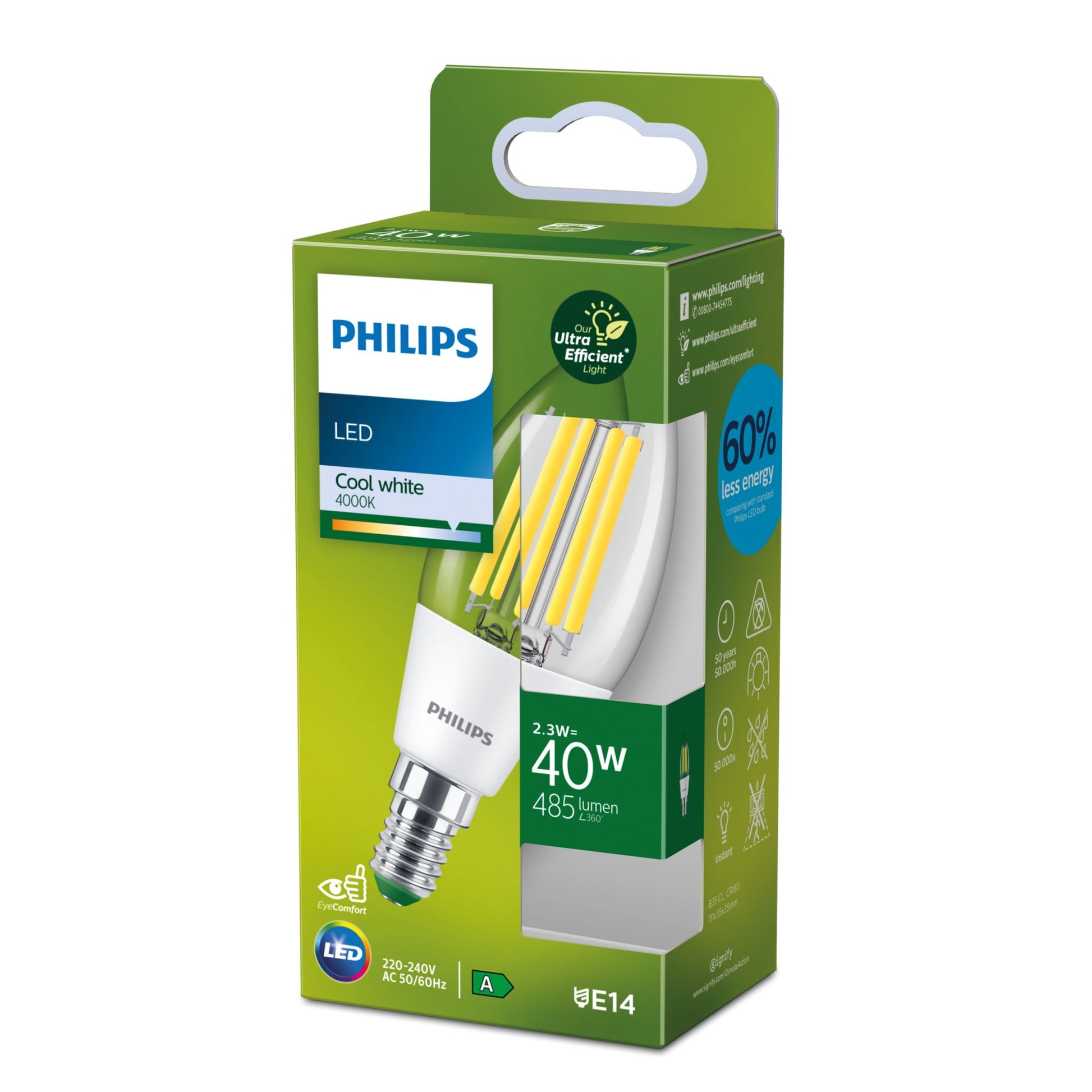 Philips by Signify Philips LED-Leuchtmittel E14 Kerze B35 – Neutralweiss 4000 K, 485 lm, 2,3 W – Transparent, Glas – 1 Stk.