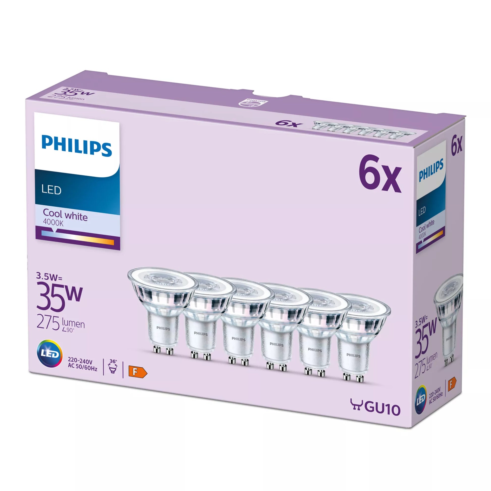 Philips by Signify Philips LED-Leuchtmittel GU10 Reflektor – Neutralweiss 4000 K, 275 lm, 3,5 W, 36° – 6 Stk. – Silber/Glas