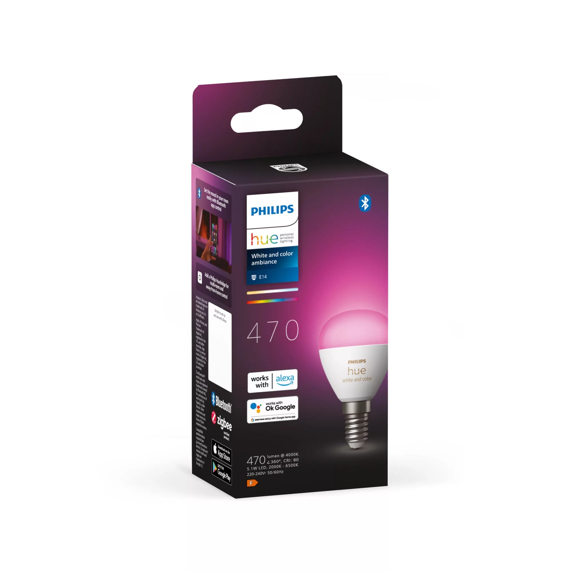 Philips by Signify Philips Hue Smart-Leuchtmittel E14 – RGBW, 2000–6500 K, 470 lm, 5,1 W, Bluetooth/Zigbee – für Hue Bridge