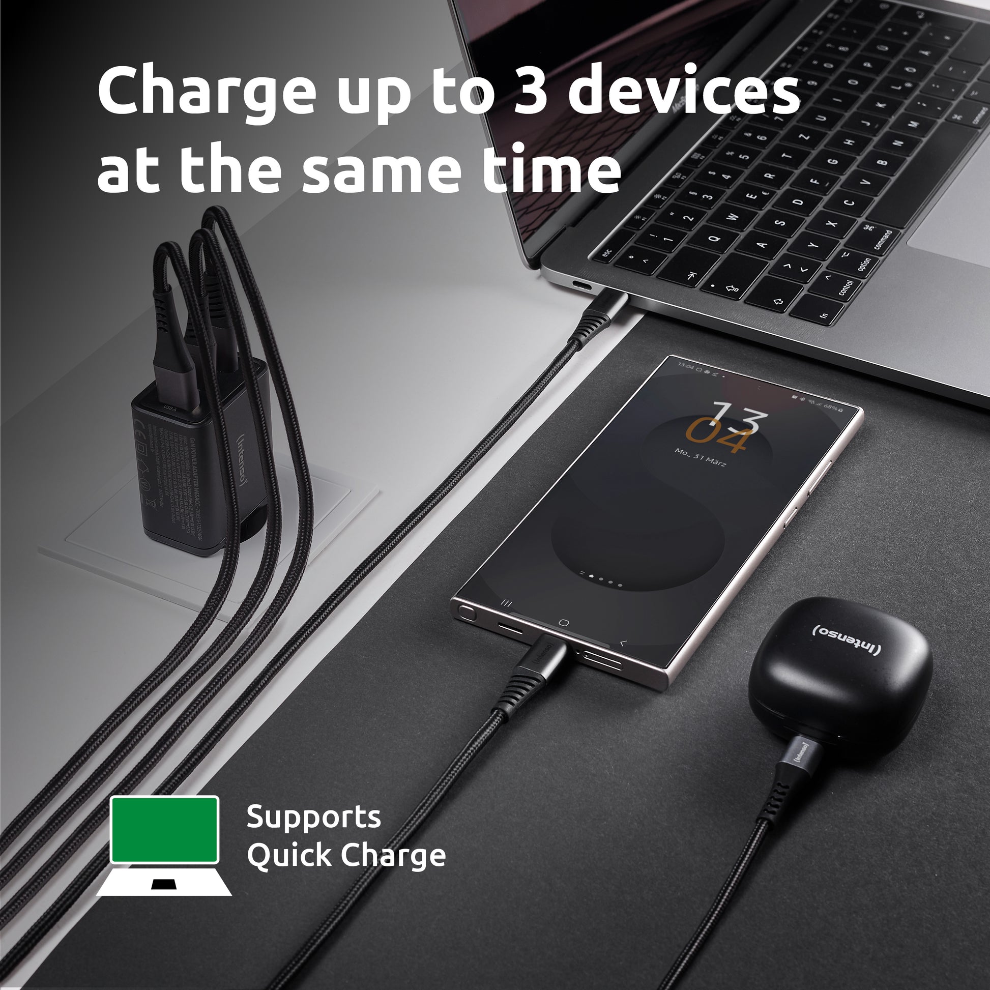 Intenso W65ACC USB-Wandladegerät 65 W – USB-C×2, USB-A×1 – GaN, Schwarz