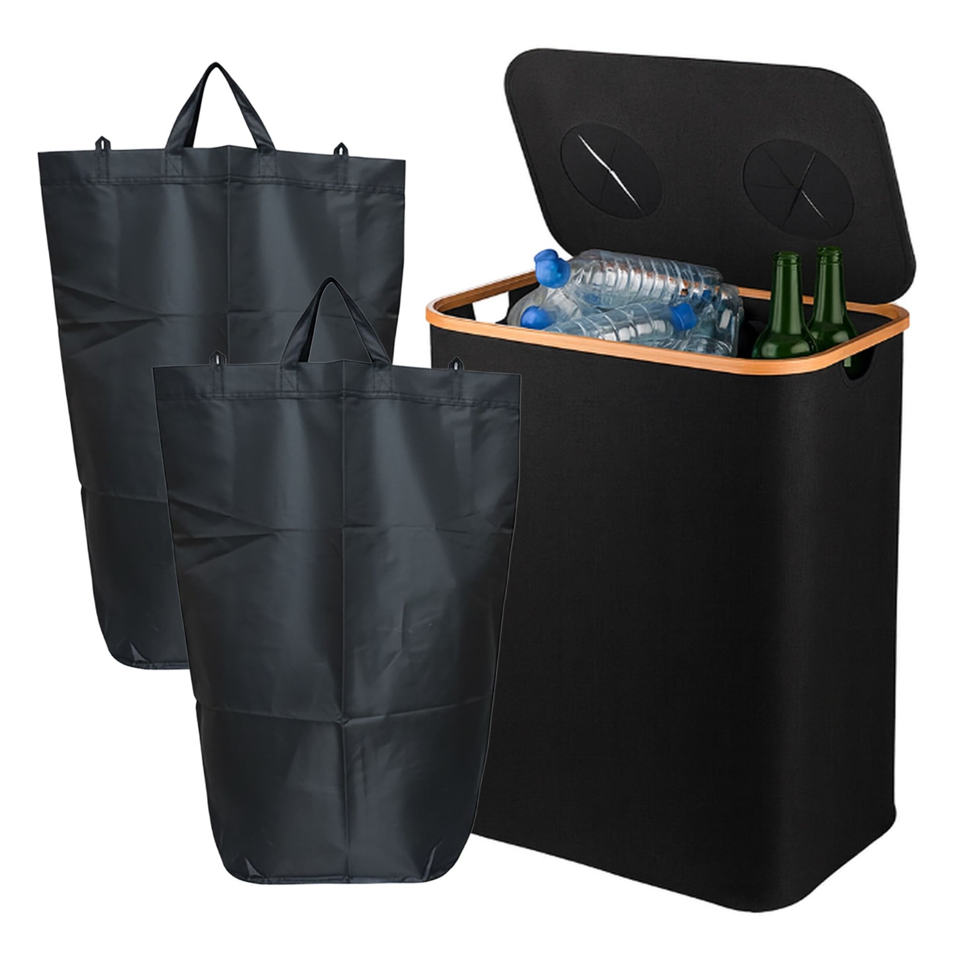 Relaxdays Recyclingbox – 170 l – Polyester/Kunststoff/Bambus, rechteckig – schwarz – 2-fach, mit Innenkübel
