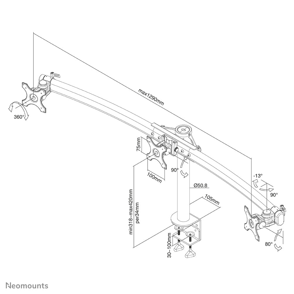 Neomounts FPMA D700D3 – Monitorarm, Dreifach, Tischklemme, bis 27", VESA 75 × 75/100 × 100 mm, 8 kg, Schwarz