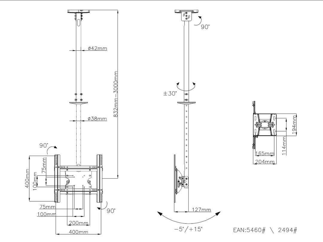 Multibrackets MS – Deckenhalterung, bis 55", bis 70 kg, höhenverstellbar, schwarz