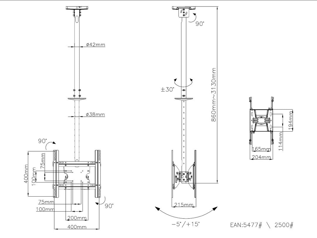 Multibrackets MBB 5477 – Deckenhalterung, drehbar, neigbar, für 32–55", VESA 100×100–400×400, bis 65 kg, schwarz