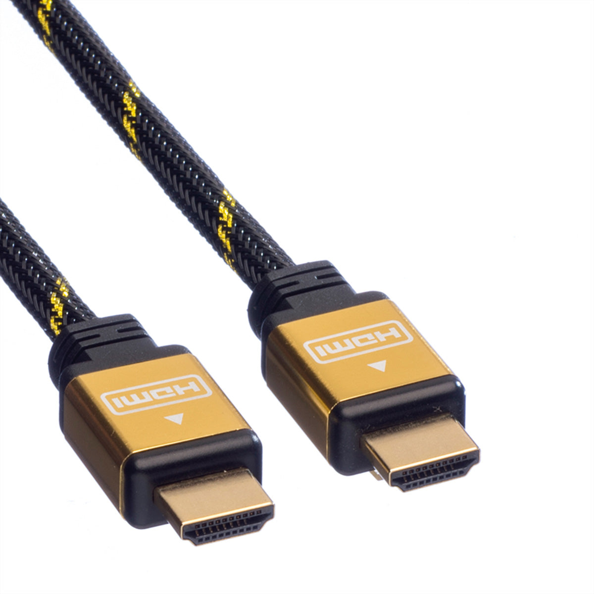 ROLINE HDMI Kabel HDMI 1.4 4K 30 Hz – 20 m – Ethernet, geflochten – Schwarz/Gold – für Geräte mit HDMI-Port