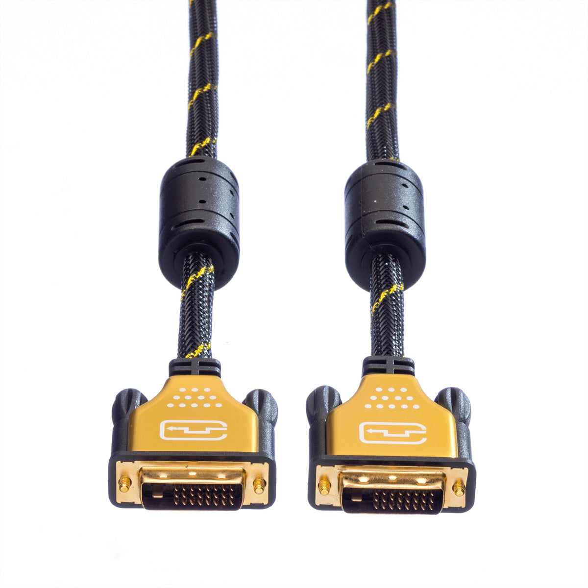 ROLINE DVI-D Dual-Link Kabel 4K 30 Hz – 10 m – Geflochten, Verriegelbar – Schwarz/Gold