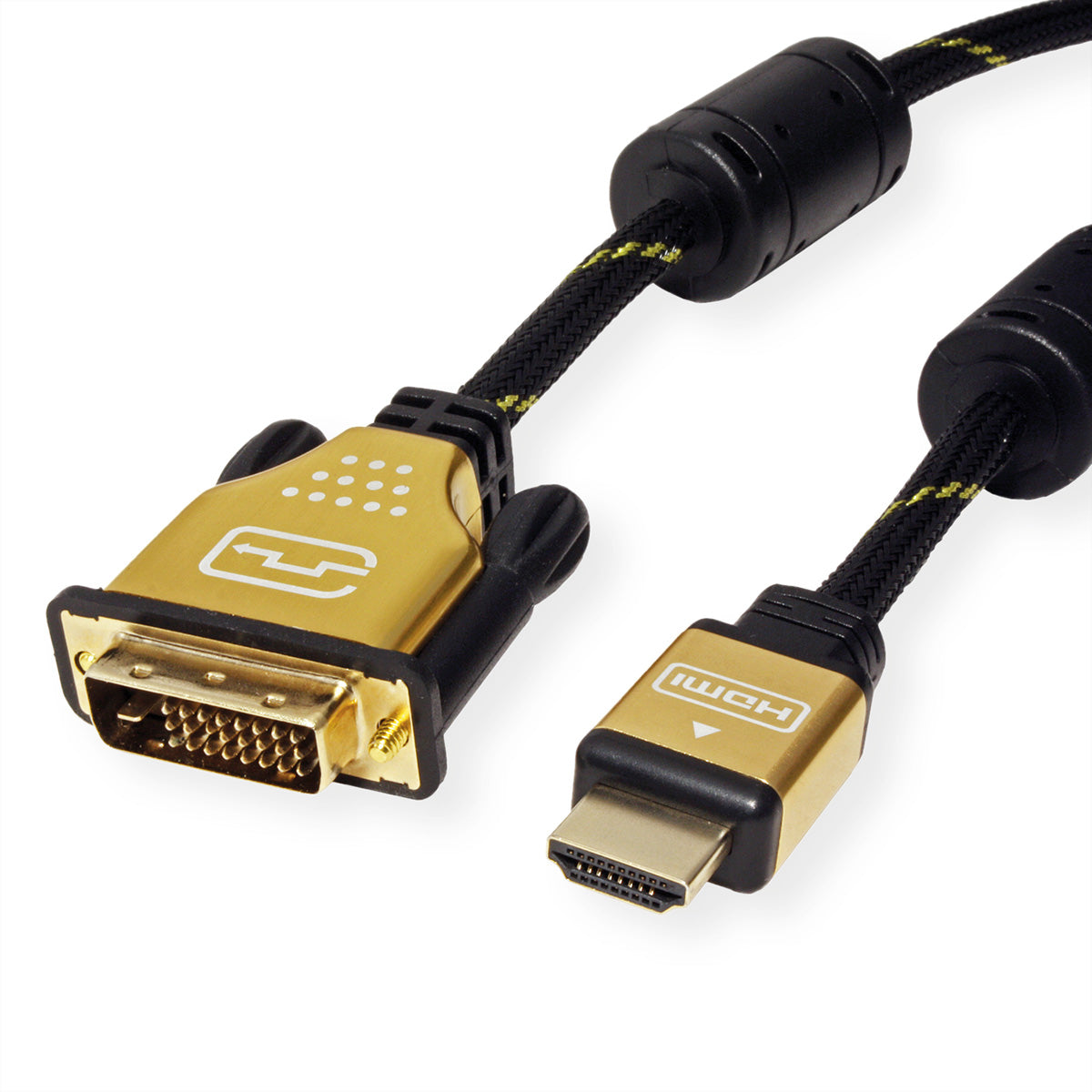 ROLINE DVI-D auf HDMI Kabel 4K 30 Hz – 10 m – geflochten – Schwarz/Gold – für Monitor, TV, Beamer