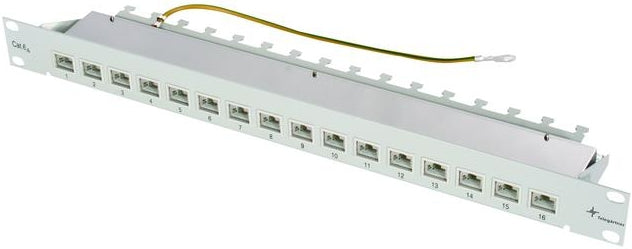 Telegärtner MPP16 – Patchpanel Cat.6A (Klasse EA) – 16× RJ‑45, 19", 1U, Geschirmt, Grau
