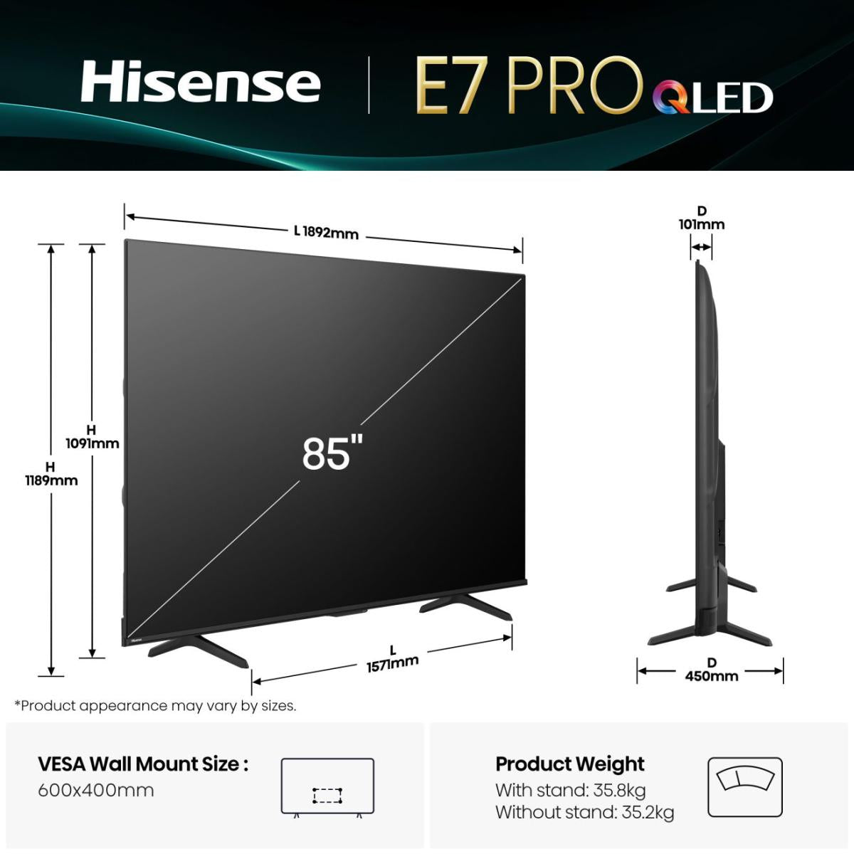 Hisense E77Q PRO – 85" TV – 4K UHD – QLED – VIDAA – 144 Hz – 400 cd/m² – Dolby Vision