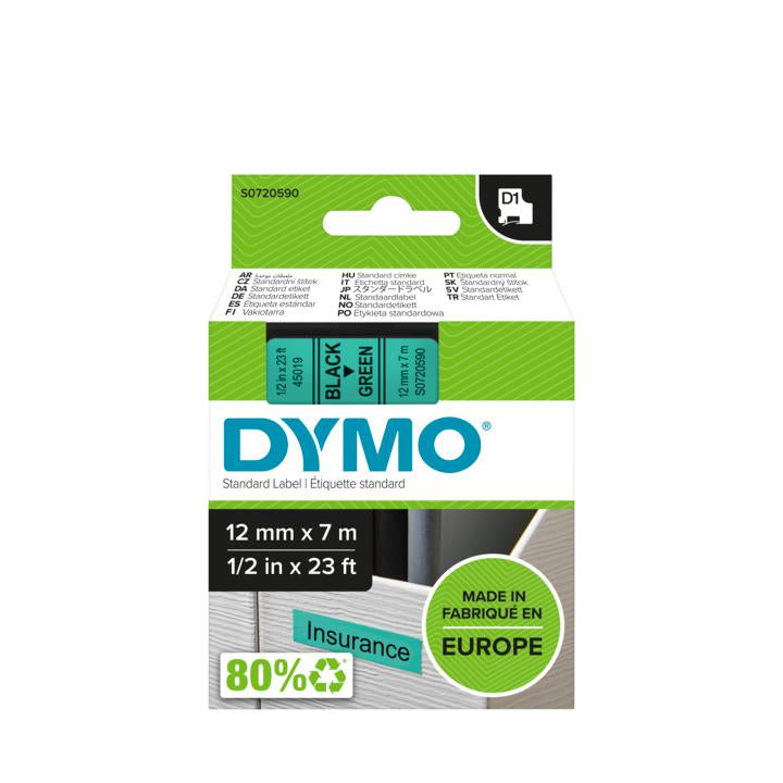 DYMO Schriftband – 12 mm × 7 m, grün, schwarz – D1-TAPE