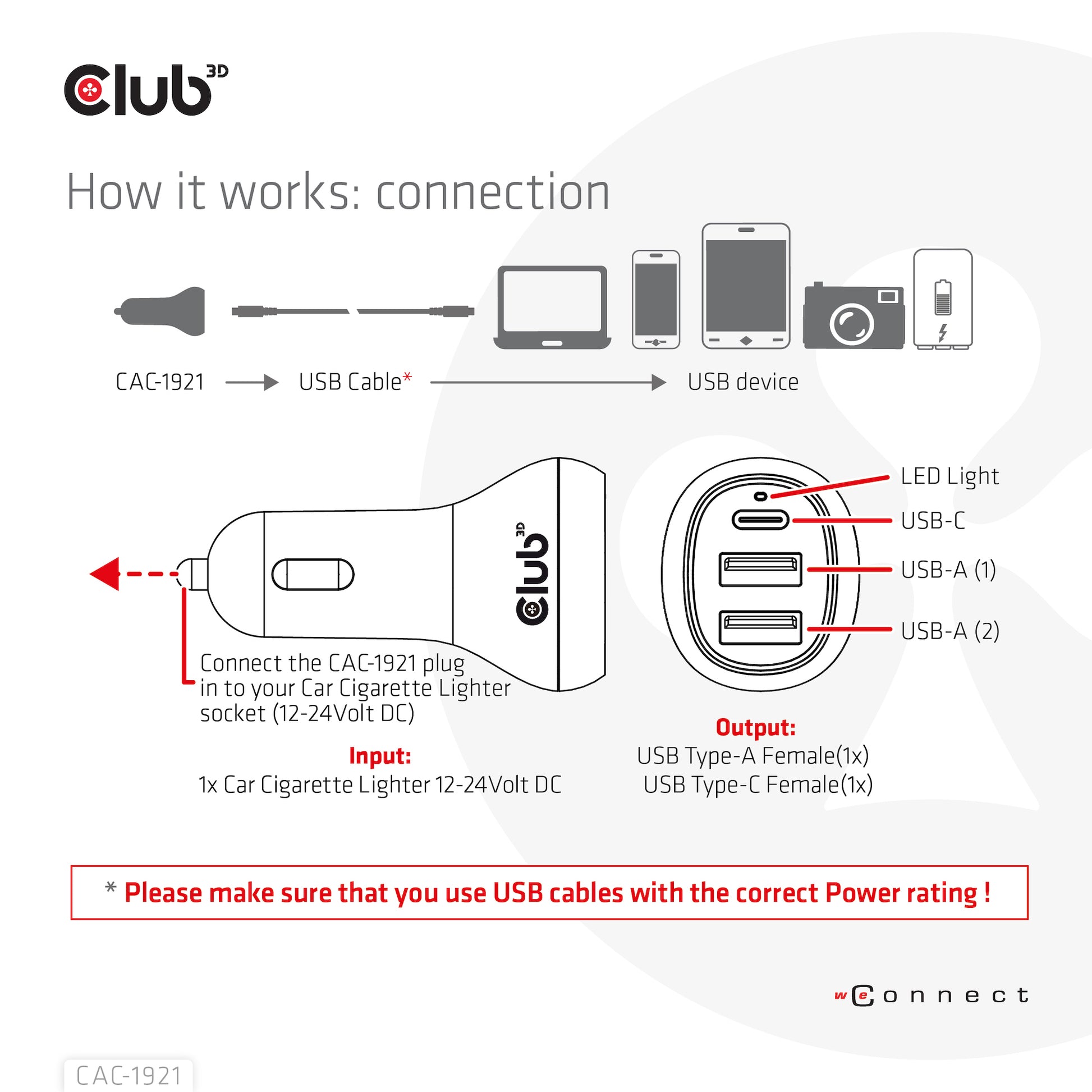 CLUB3D Club 3D CAC-1921 Auto-Ladegerät 36 W – USB-C×1, USB-A×2 – 12–24 V – Schwarz
