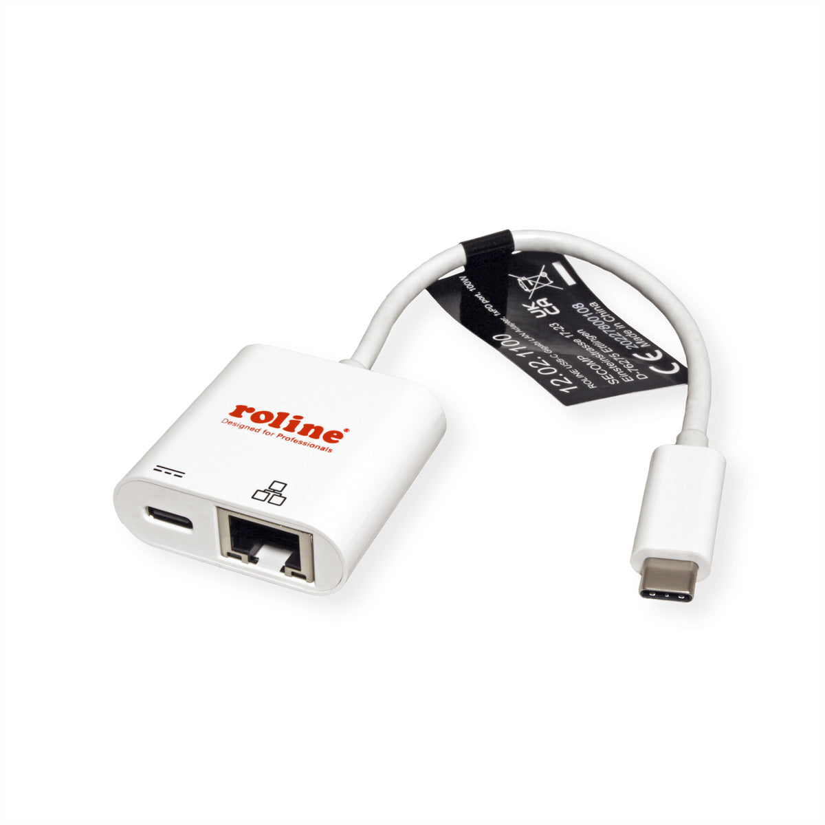 ROLINE Netzwerkadapter USB-C zu RJ-45 – Gigabit (1 Gbit/s), USB 3.2 Gen 2, 1× RJ-45, PD 100 W, Weiss