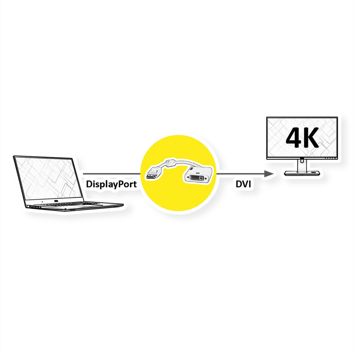 ROLINE DisplayPort zu DVI Adapter – 4K (3840 × 2160) @ 30 Hz, 0,15 m, aktiv, grau