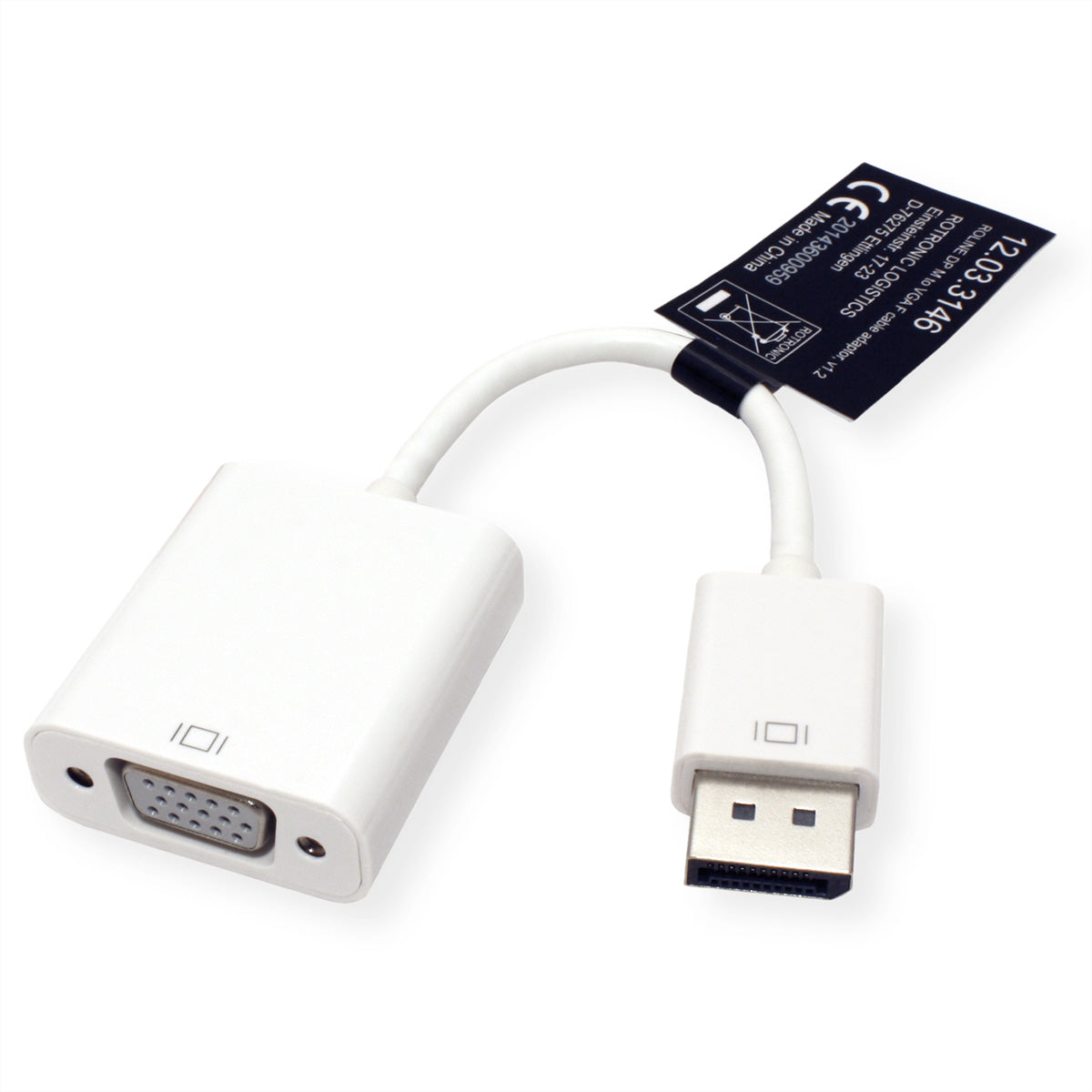 ROLINE DisplayPort zu VGA Adapter – 1920 × 1200 @ 60 Hz, DisplayPort 1.2, 0,15 m, aktiv, weiss