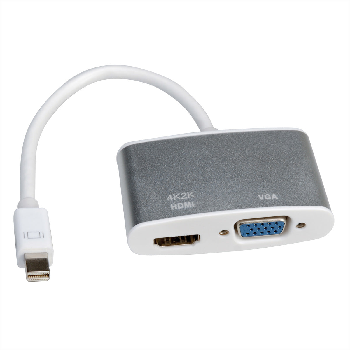 ROLINE Mini DisplayPort zu HDMI/VGA Adapter – 4K (3840 × 2160) @ 30 Hz, 10 cm, aktiv, silber