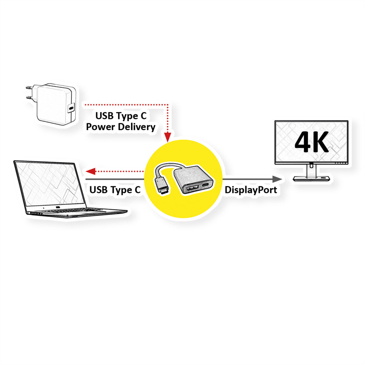 ROLINE USB-C zu DisplayPort Adapter – 4K (3840 × 2160) @ 60 Hz, DP 1.2, 0,1 m, PD, für MacBook/Notebook/PC