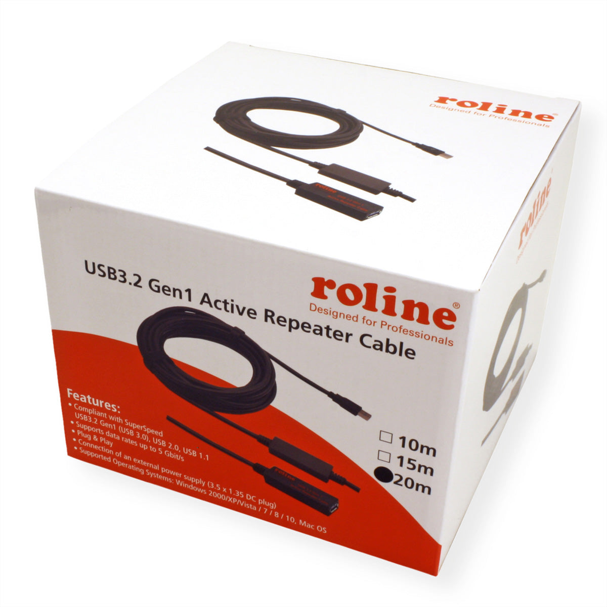 ROLINE USB-A Verlängerungskabel (Stecker auf Buchse) – USB 3.2 Gen 1 (5 Gbit/s) – 20 m – Aktiv – Schwarz