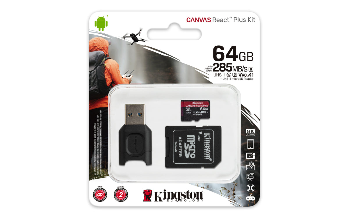 Kingston Technology Kingston Canvas React Plus – 64 GB microSDXC UHS-II, V90/U3, 285/165 MB/s, SD/USB Adapter