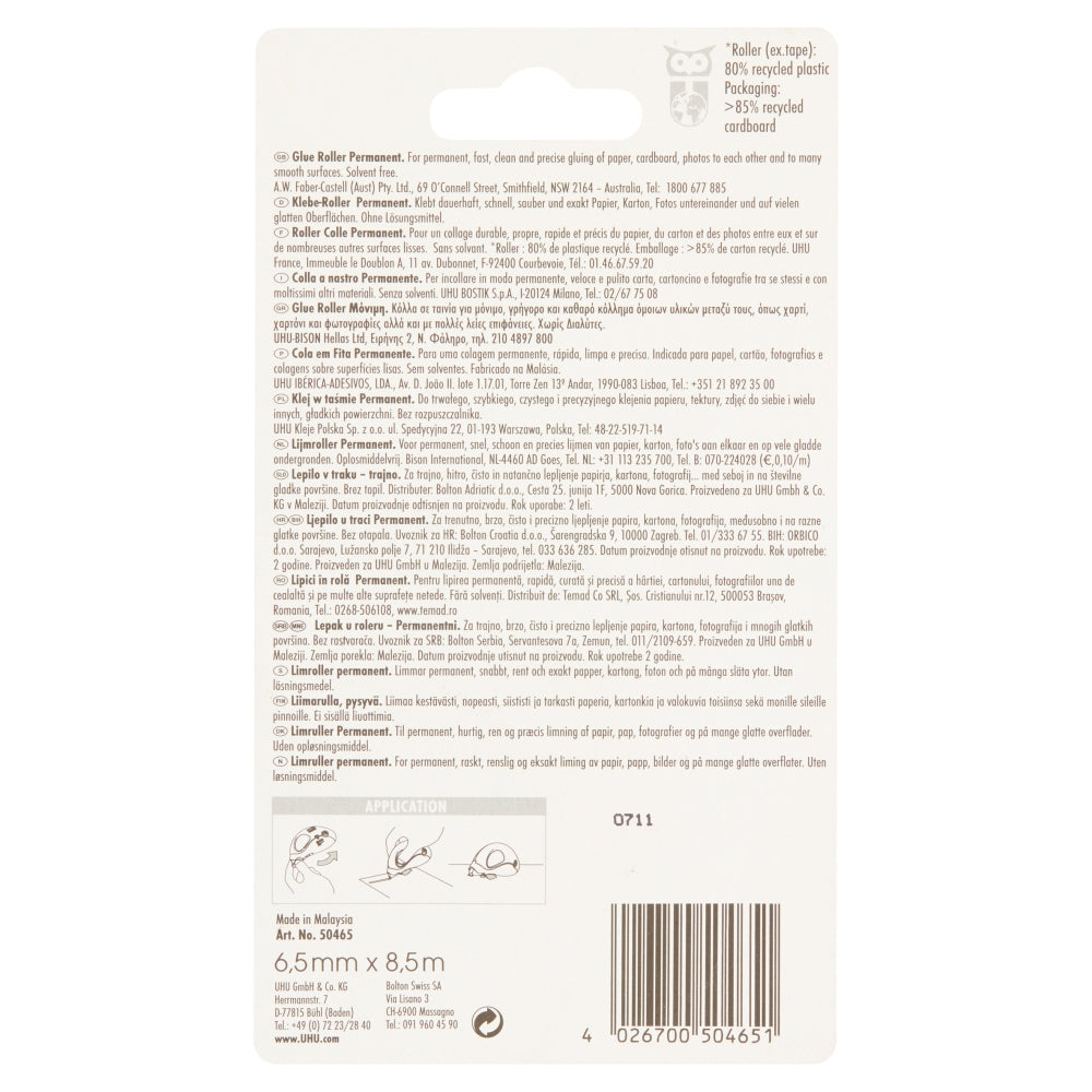 UHU Kleberoller – Roller, permanent, transparent, lösemittelfrei, schnelltrocknend, für Papier, Karton, Fotos