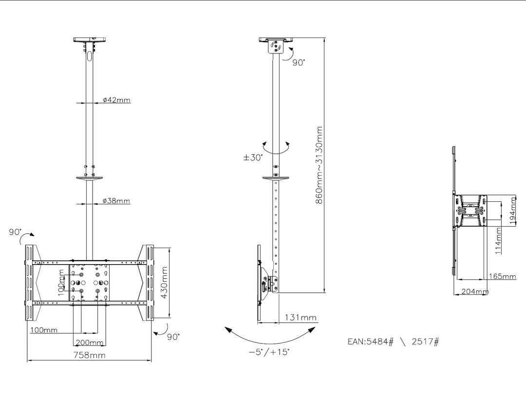 Multibrackets Ceilingmount LS – Deckenhalterung, bis 63", bis 80 kg, höhenverstellbar, schwarz