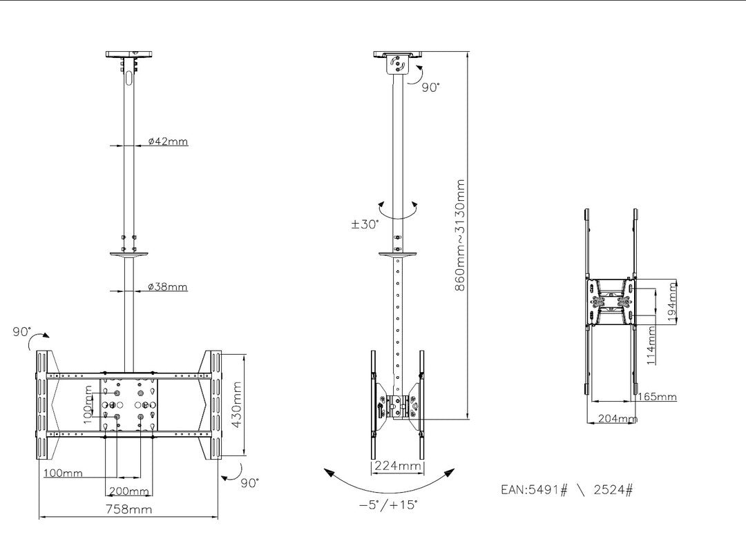 Multibrackets LBB – Deckenhalterung, neigbar, bis 70", bis 80 kg, schwarz