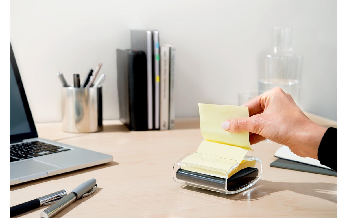 3M Post-it Z-Notes Spender – 1 Block à 90 Blatt, selbstklebend, 76 × 76 mm, schwarz/transparent