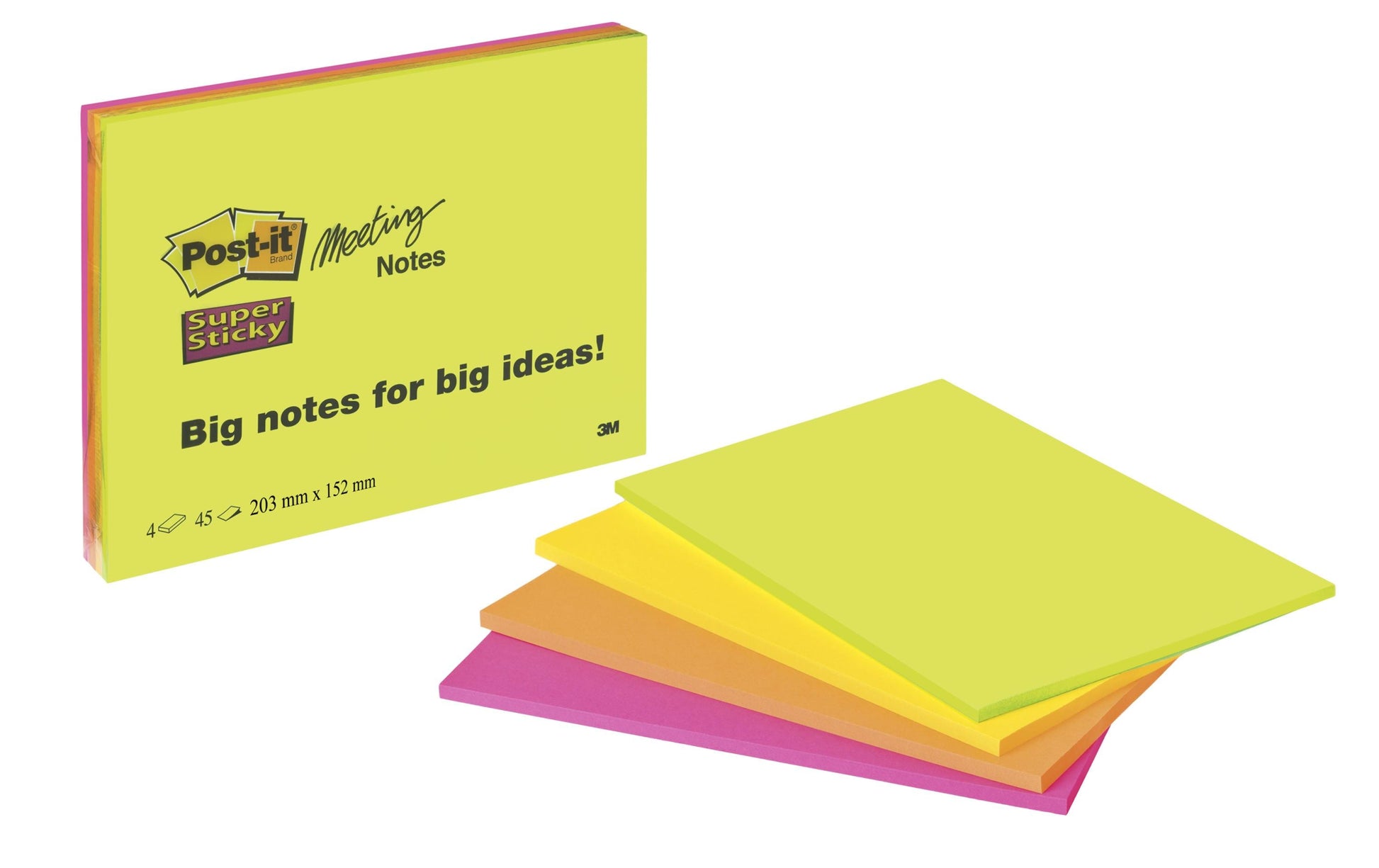Post-it Super Sticky Haftnotizen – 203×152 mm – sortiert, 4×45 Blatt, PEFC