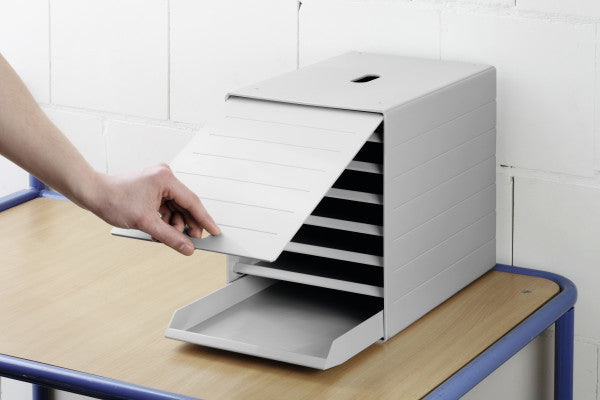 Durable IDEALBOX PLUS Schubladenelement – 7 Schubladen, für C4, mit Deckel, Grau, B 250 × H 322 × T 365 mm