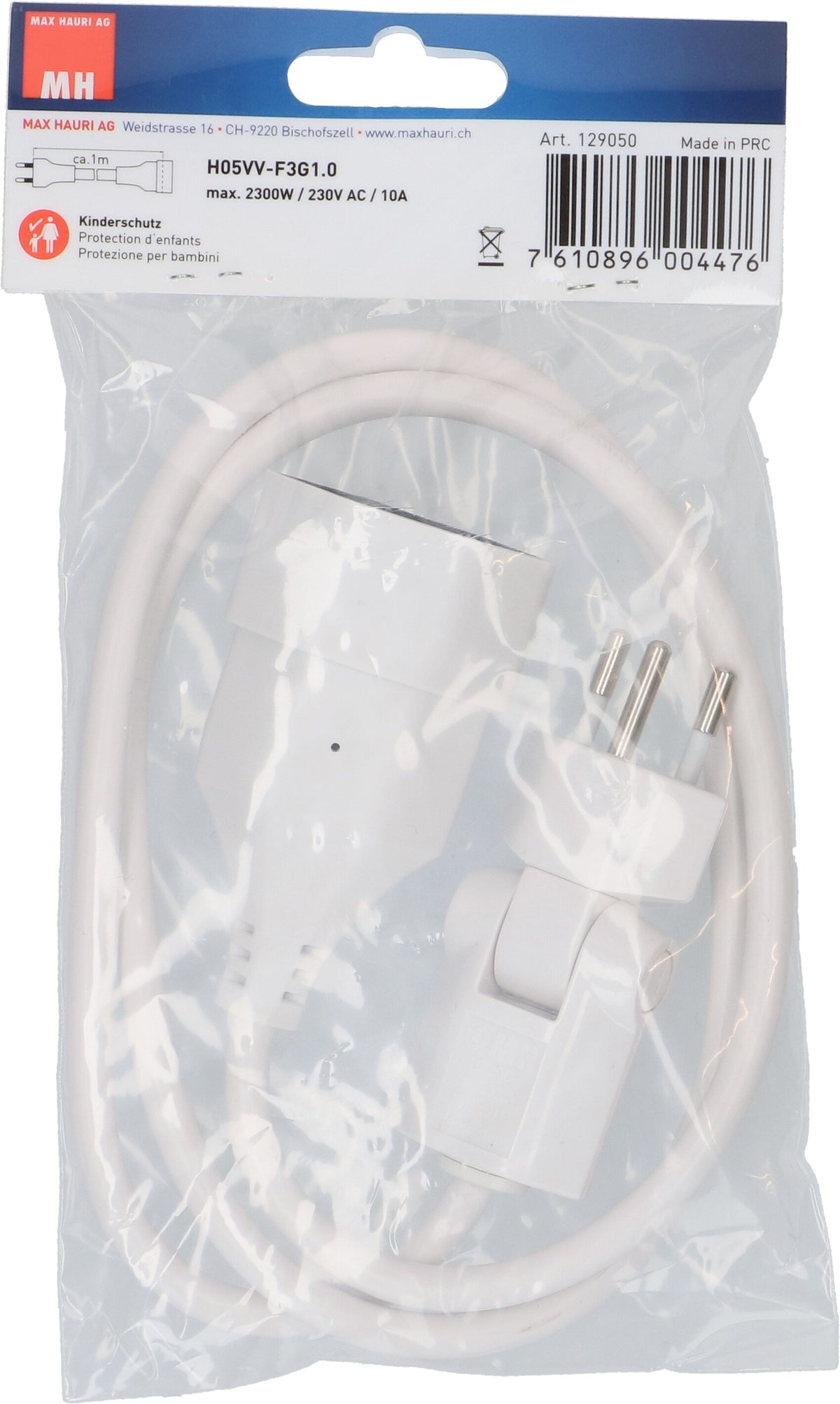 Max Hauri AG Max Hauri Verlängerungskabel – T12 (clip-clap)–T13, 1 m, IP20, 3×1,0 mm² H05VV-F, weiss